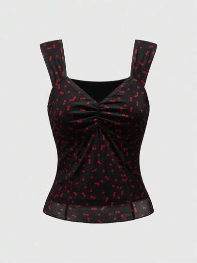 Kawaii "Tank top" dulce de malla con estampado de cereza en malla