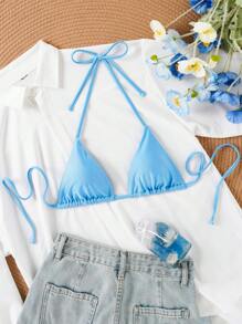 SHEIN Swim Top de bikini de plajă, de vară, de culoare uni, cu gât și cupe triunghiulare (nodul curelei poate fi îndepărtat)