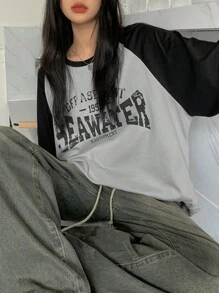 INAWLY تي شيرت نسائي فضفاض كاجوال للربيع والصيف، بأكمام طويلة، كتف متباين، طباعة حرفية، ملابس علوية للنساء لزي الربيع، ملابس رمضان