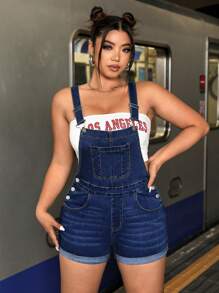 SHEIN CURVE+ Plus Size Women Cowgirl Style Denim Suspender Pants, Elastic Tight Fit, Casual Vacation Outfit For Autumn  Autumn Outfits For Women Festival Outfits