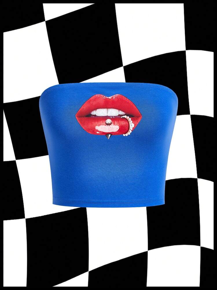 Woman Sexy Lips Print Tube Tops