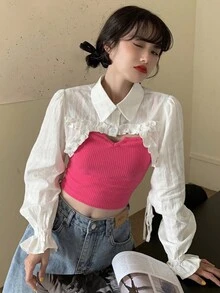 Gyaru Fashion Solid Color Elegant Long Sleeve Women Blouse (Inner Top Not Included) - White - View 5