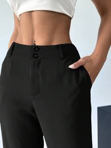 SHEIN EZwear Bộ đồ đơn giản màu trơn quần ống loe thường ngày cho nữ - màu đen - Xem 3