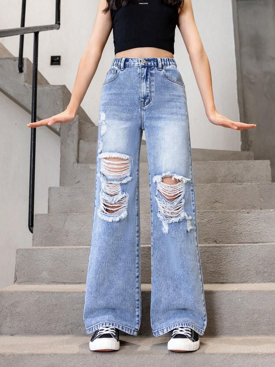 Plus Size Girls' Casual Fashion Distressed Washed Denim Wide Leg Jeans - Light Wash - View 1