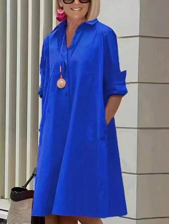 Kvinnors enfärgad krage med ficka Casual Sommarklänning
