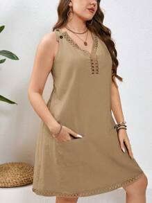 SHEIN LUNE Đầm suông hở vai cổ chữ V trơn cỡ lớn có túi - màu nâu - Xem 4