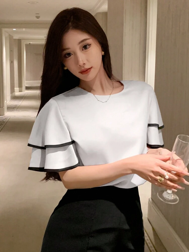 Double Layer Ruffle Sleeve Color Contrast Edge Round Neck Short Sleeve Women's Blouse ,New Year Eve,Short Sleeve Tops Summer