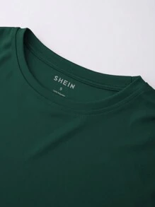 INAWLY 女士夏季純色圓領落肩短袖寬鬆休閒T恤 - 墨綠色 - 查看 3
