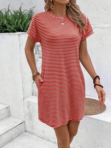 SHEIN LUNE 夏季圓領條紋及印花休閒短袖洋裝，附袋