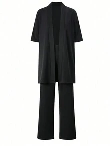 SHEIN Clasi 女性純色簡約日常外套和褲子套裝 - 黑色 - 查看 6