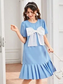 SHEIN Vestido azul elegante de punto con pliegues y lazo grande para chica adolescente - Azul - Ver 2