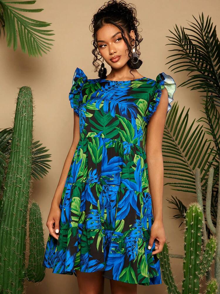 Women's Summer Holiday Tropical Plant Printed Cap Sleeve Mini Dress