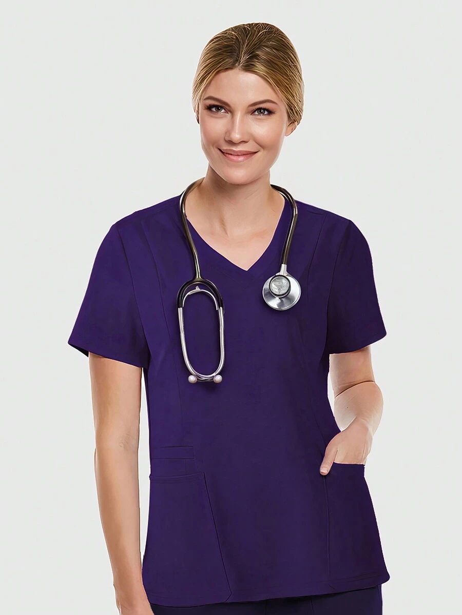 HOMEYEE V-Neck Short-Sleeved Scrub Uniforms Nurse Top With Pockets T-Shirt - Purple - View 1