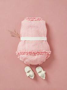 SHEIN 2pcs/Set Baby Girls Cute Gingham Sleeveless Top And Bloomers Set, Spring/Summer With Bowknot Belt - Dusty Pink - View 2