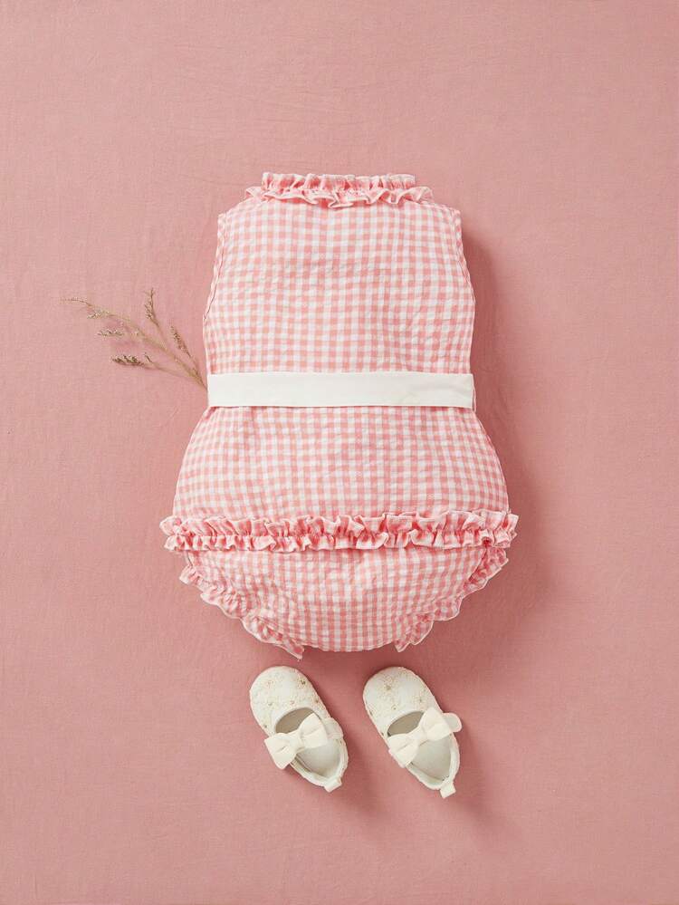 2pcs/Set Baby Girls Cute Gingham Sleeveless Top And Bloomers Set, Spring/Summer With Bowknot Belt