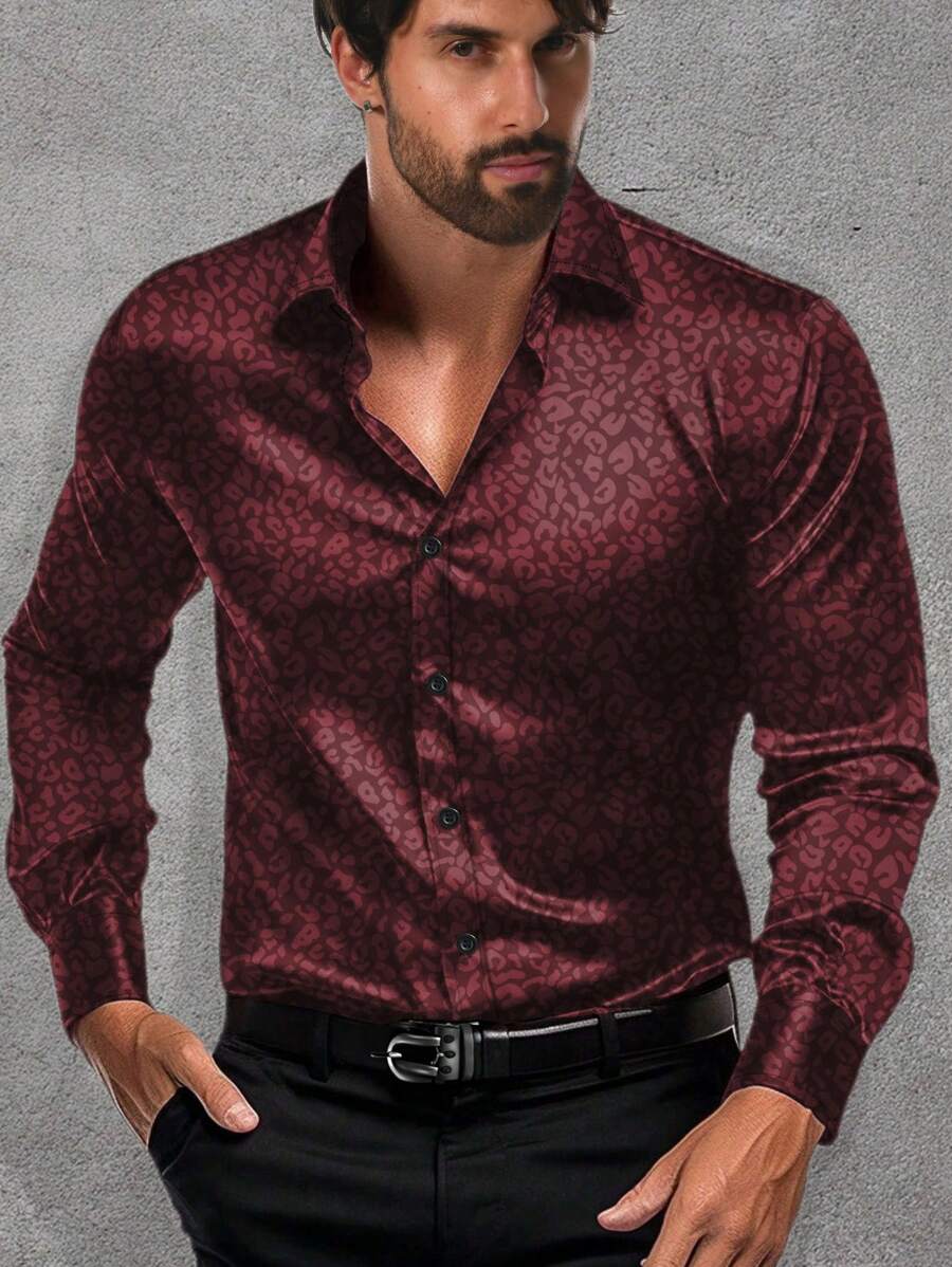 Camisa de manga larga con estampado de leopardo para hombre, ideal para el uso diario en la primavera y el verano - Burdeos - Ver 1