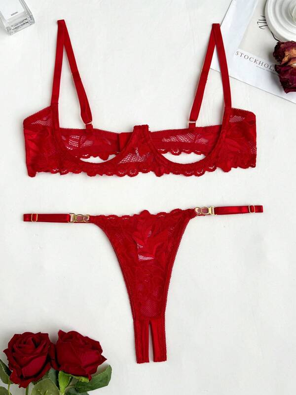 Seduluxe Set de lenjerie sexy din dantela pentru dama, 2 buc, sutien cu sarma si tanga
