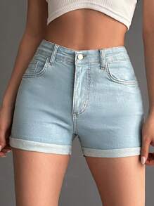 EURMUSE Của phụ nữ Frayed Hem Quần short Denim - Rửa nhẹ - Xem 3