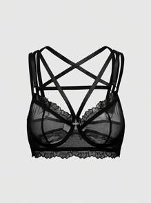 ROMWE Gothic Lace Trim Mesh Bralette With Steel Rings, Goth Style - Black - View 1