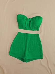 Soleia Summer Solid Color Textured Bandeau Top And High-Waisted Shorts Set