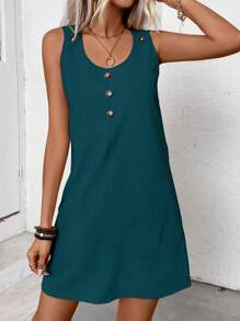 EMERY ROSE Solid Color Sleeveless Casual Dress With Pockets And Round Neckline For Summer - Teal Blue - View 5