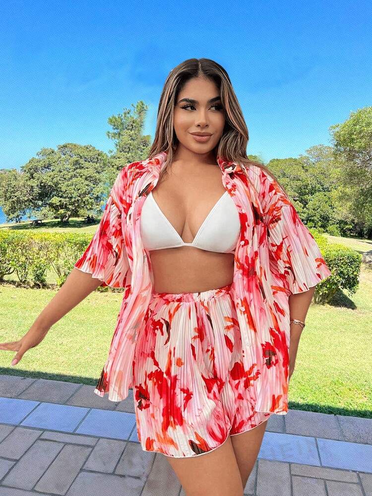 Printed Holiday Suit Summer Two Pieces Outfits : Printed Loose Shirt And Loose Shorts Beach Vacation Women Clothes Women Two Pieces Sets