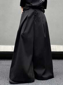 Manfinity Roghcode 男士纯色简约日常款阔腿裤，纯色街头潮流长款超大黑色裤子，适合送给老公、男朋友的礼物，适合秋季 - 黑色 - 查看 1