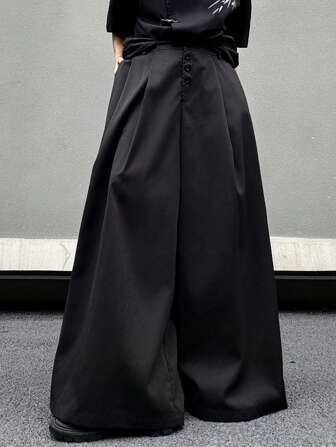 Manfinity Roghcode 男士纯色简约日常款阔腿裤，纯色街头潮流长款超大黑色裤子，适合送给老公、男朋友的礼物，适合秋季