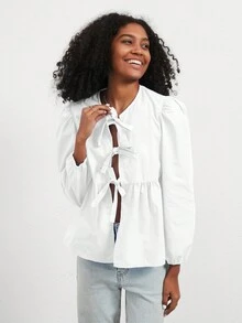 Camicia casual da donna con colletto rotondo, fiocco, orlo arricciato e maniche a sbuffo, in colori solidi misti