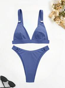 SHEIN Swim 女士純色圓環連結性感分割式比基尼游泳裝套裝，夏季沙灘 - 霧霾藍 - 查看 3