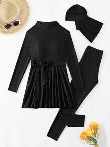 Swim Mulvari Women's Summer Beach Tankini Set 3 Pieces, Wireless Top, Waist Belted Solid Color Tankini Set, Including Pants And Hat