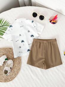 SHEIN Baby Boy Floral Patterned Short Sleeve Collared Romper With Plain Shorts And Bib Set, 3pcs