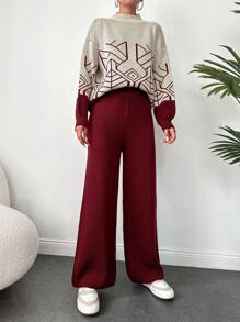 EURMUSE Conjunto De Suéter Con Cuello Alto Y Pantalón De Punto Para Mujer Con Patrón Geométrico - Burdeos - Ver 1