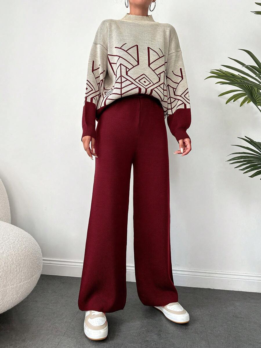 EURMUSE Conjunto De Suéter Con Cuello Alto Y Pantalón De Punto Para Mujer Con Patrón Geométrico - Burdeos - Ver 1