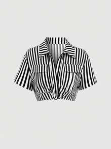 Sweetra American Style Hot Girl Striped Short Slim Fit Women's Shirt, Short Sleeve Tops - Black and White - View 1