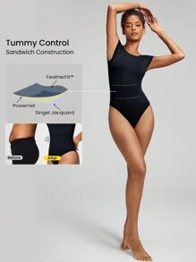 GLOWMODE FeatherFit™ U-Back Thong Bodysuit Light Support Yoga Studio Gym Daily - Black - View 2