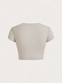 Anewsta Sexy Slim Fit Cropped High Elasticity T-Shirt With Round Neckline And Waist Cinching - Light Grey - View 6