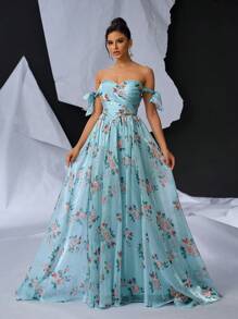 SHEIN Belle Elegant, Gorgeous And Romantic, Mint Green Shimmer Chiffon Organza Digitally Printed Off Shoulder With Removable Bow Sleeves, Mesh Slip And Oversized Hem And Train. Perfect For Vacation. Perfect For Dates, Bachelorette Parties, Holiday Parties, Proms And Formal Events. Evening Dress - Green - View 3