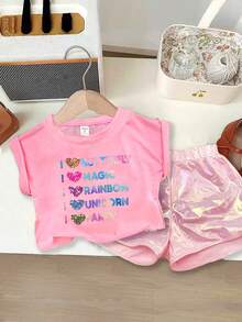 SHEIN Young Girl 2pcs/Set Colorful Slogan Letter Printed Short Sleeve T-Shirt And Golden Hot Stamping Shorts Outfits - Multicolor - View 3