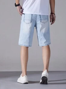 Manfinity Homme 男士休閒牛仔短褲，口袋設計，及膝長度 - 藍色 - 查看 2