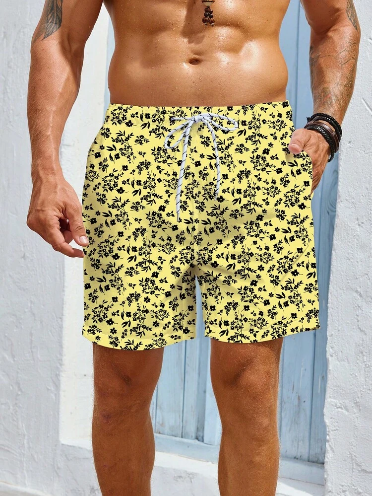 Men's Vacation Loose Floral Printed Drawstring Waist Beach Shorts