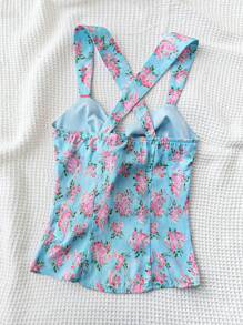 Soleia Women's Light Blue Floral Countryside Cross Back Camisole With Bow Tie & Open Front,Perfect For Summer,Boho,Vacation,Holiday & Wedding Season - Multicolor - View 2