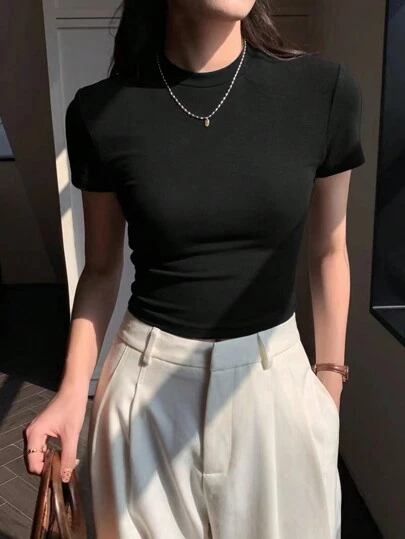 INAWLY تيشيرت صيفي نسائي بأكمام قصيرة ورقبة دائرية ولون صلب