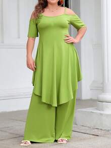 Plus Size Sexy Asymmetrical Camisole Top And Wide-Leg Pants 2pcs/Set - Green - View 1