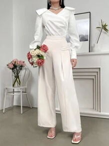 Modelyn 女士休閒高腰寬腳褲（純色） - 杏色 - 查看 4
