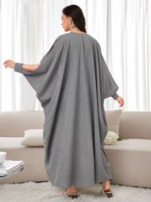 Al Najma Women's Solid Color Casual Spring/Summer Dress And Split Sleeves Batwing Loose Long Coat 2pcs/Set - Grey - View 2