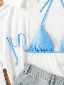 SHEIN Swim Top de bikini de plajă, de vară, de culoare uni, cu gât și cupe triunghiulare (nodul curelei poate fi îndepărtat)