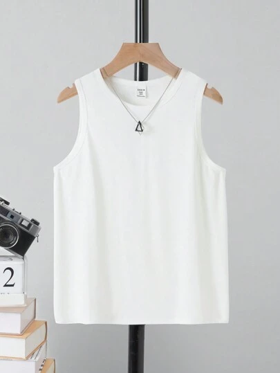SHEIN Tween Boys' Casual Simple Solid Round Neck Tank Top Suitable For Summer