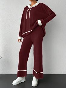 EURMUSE 2 Piezas/set Cárdigan Abotonado Con Bloque De Color De Hombro Caído Y Suéter Y Pantalón De Color Sólido - Rojo - Ver 5