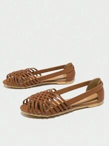 2025 Autumn Women's Flat Roman Hollow Belt Buckle Open Toe Sandals